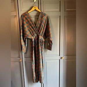 REDUCED x3 Made in Italy houndstooth Vintage Style Wrap midi Dress Orange & Teal